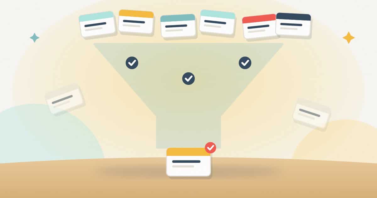 Illustration: many freelancer cards entering a funnel with three check points, a single chosen card coming out at the bottom and rejected cards falling aside.