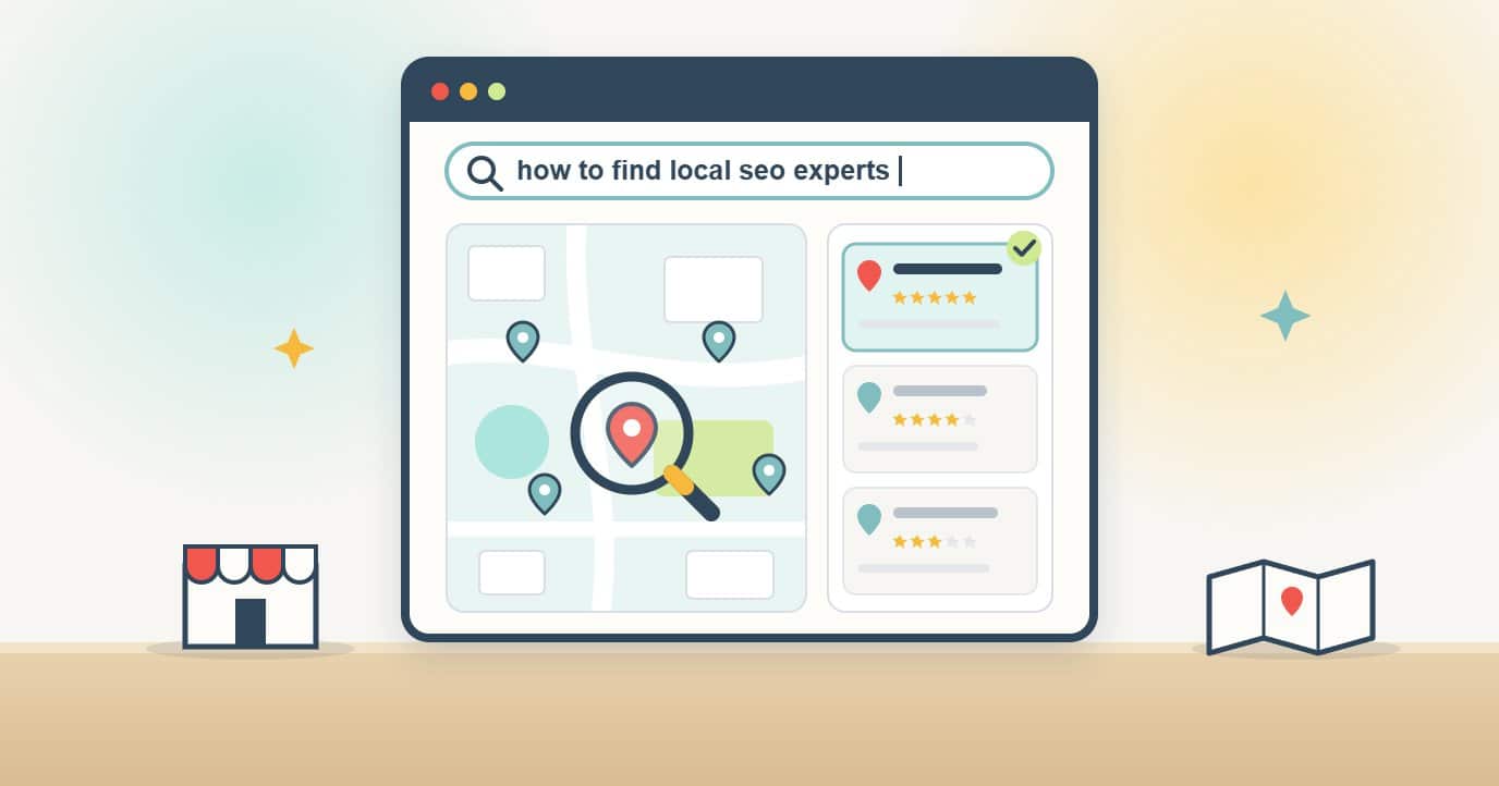 A browser search for how to find local SEO experts shows a town map with several expert pins, the best match highlighted under a magnifying glass, next to a short list of local results with star ratings where the top one is ticked.