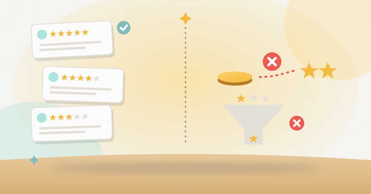 Illustration: genuine reviews with mixed star ratings ticked on one side; on the other, a coin traded for stars and a filter letting only top ratings through, both crossed out.