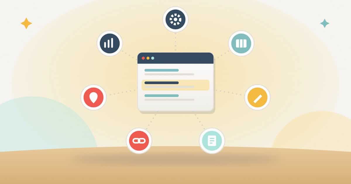 Illustration: a website at the centre of seven parts of organic SEO: technical fixes, a keyword map, on-page changes, content, earned links, local SEO and measurement.