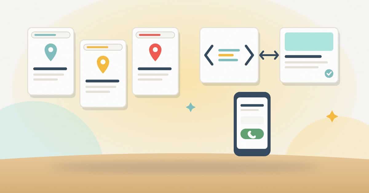 Illustration: three location pages each with its own address bar and pin, structured data matched to a business profile, and a phone with a click-to-call button.