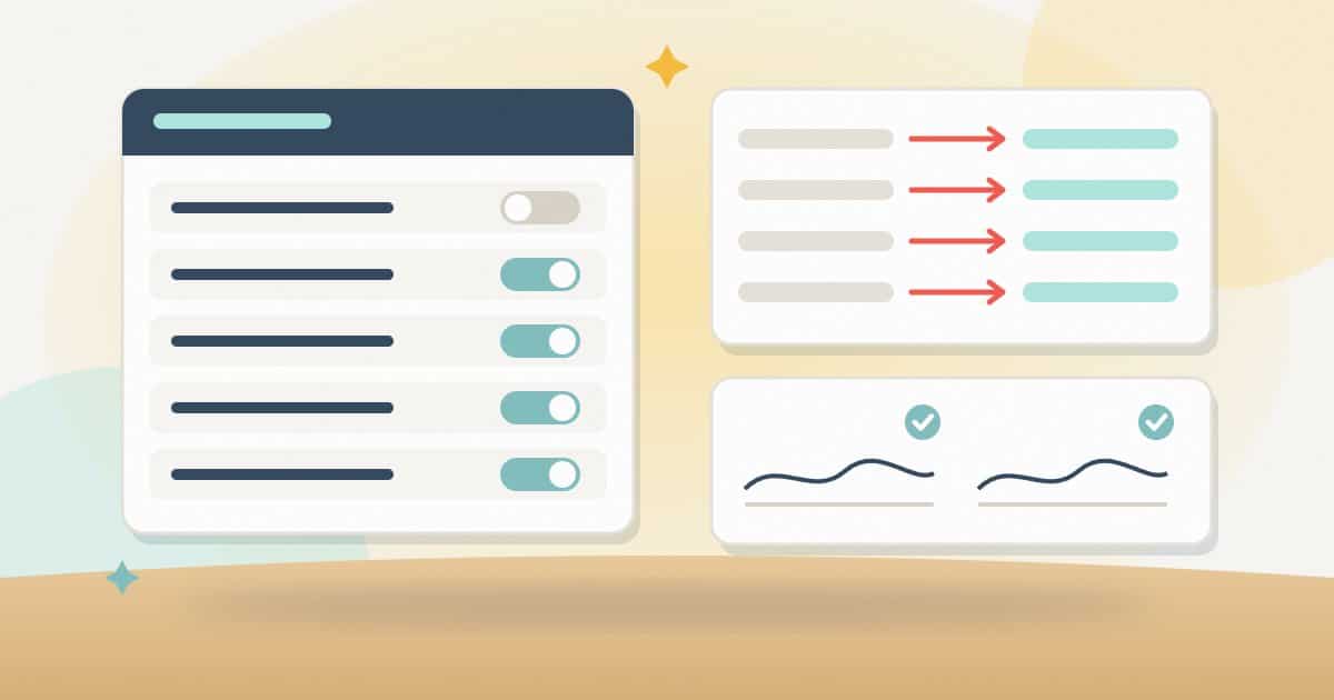 Illustration: a launch panel of setting toggles, a redirect map from old to new addresses, and two signatures with ticks for the developer and the client.