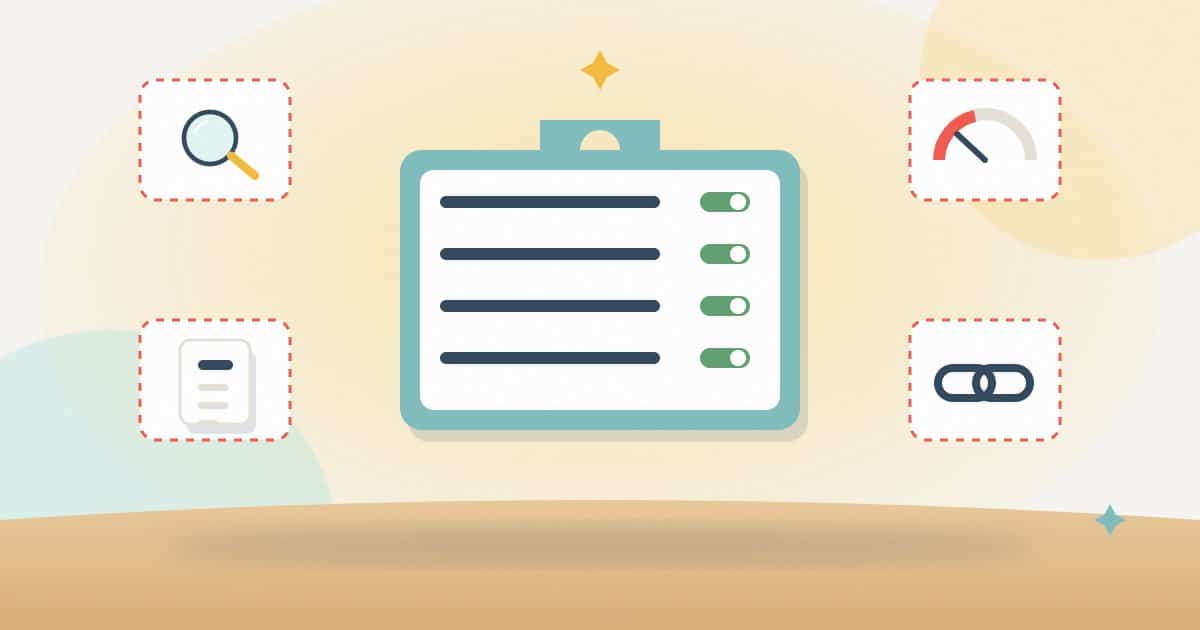 Illustration: a plugin settings box with all switches on, surrounded by four dashed areas it cannot cover: keyword choice, content quality, site speed and earned links.