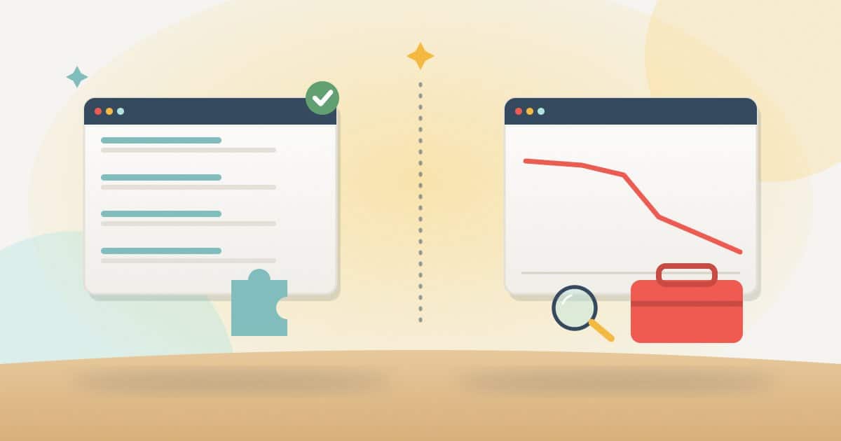 Illustration: on one side a small sound website with a plugin piece and a tick; on the other a site with falling traffic next to a toolbox and magnifier for hands-on work.