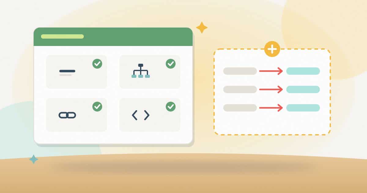 Illustration: a free plugin panel with four ticked jobs (titles, sitemap, canonicals, schema) beside a dashed paid add-on box of redirects.