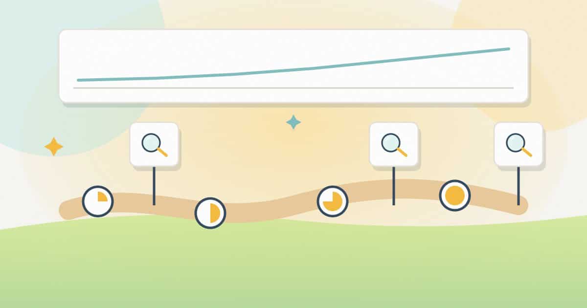 Illustration: a path of four steps with progress markers, three one-off check flags at the milestones and a free search performance chart running above.