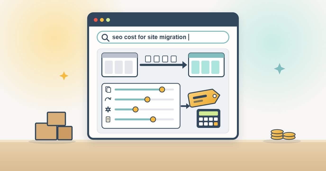 A browser search for the SEO cost of a site migration shows pages moving from an old site to a new one above four cost sliders for page count, redirects, platform change and content changes that feed a price tag and a calculator.