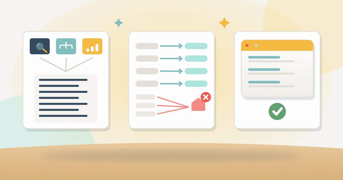 Illustration: three panels: a full URL inventory built from crawl, sitemap and analytics; a one-to-one redirect map with a crossed-out redirect-everything-to-home fan; and a staging check with a tick.
