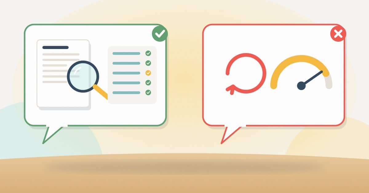 Illustration: a good answer bubble showing a page inspected under a magnifier with an index report, beside a worrying answer bubble with a resubmit loop and an oversized speed gauge.