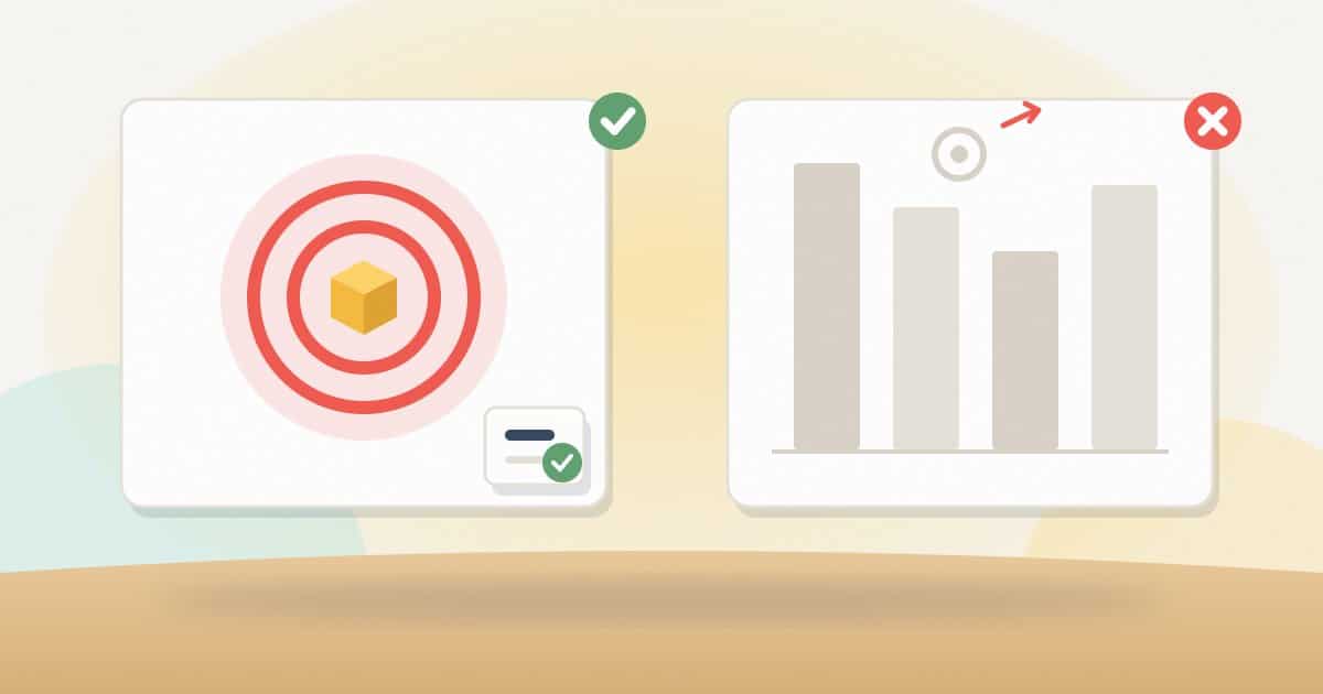 Illustration: a target with a product box at its centre and a fact-checked brief, beside tall search volume bars whose arrow misses the target.