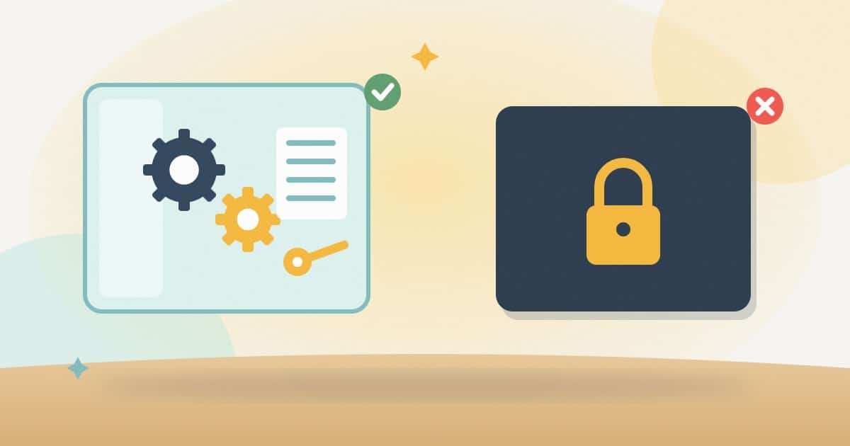Illustration: a transparent box with visible gears, a change log and your key, beside a dark locked box for secret methods.
