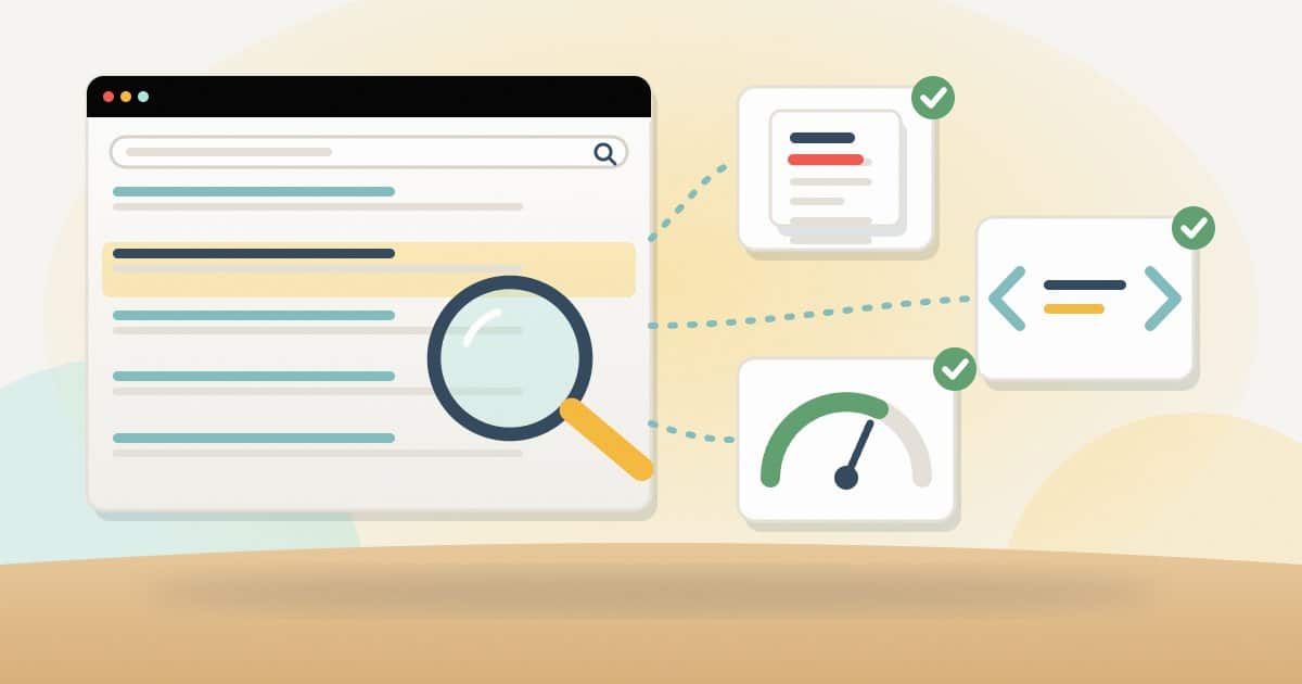 Browser window inspected with a magnifier, linked to three public checks: a robots file, page source code and a speed gauge