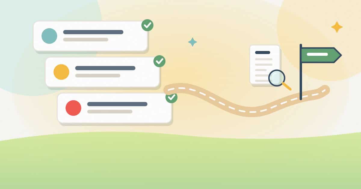 Three ticked takeaway cards leading along a path to a report and a signpost for the next step