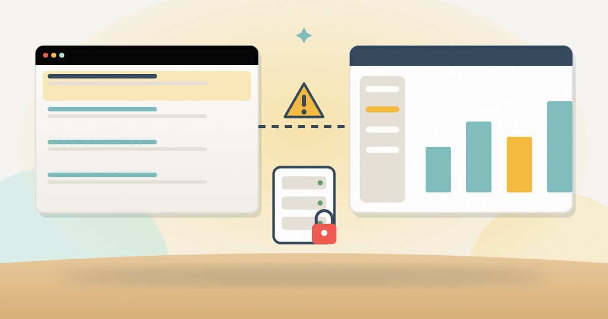 Marketing site and app dashboard joined by a dashed seam with a warning sign, above a locked staging server