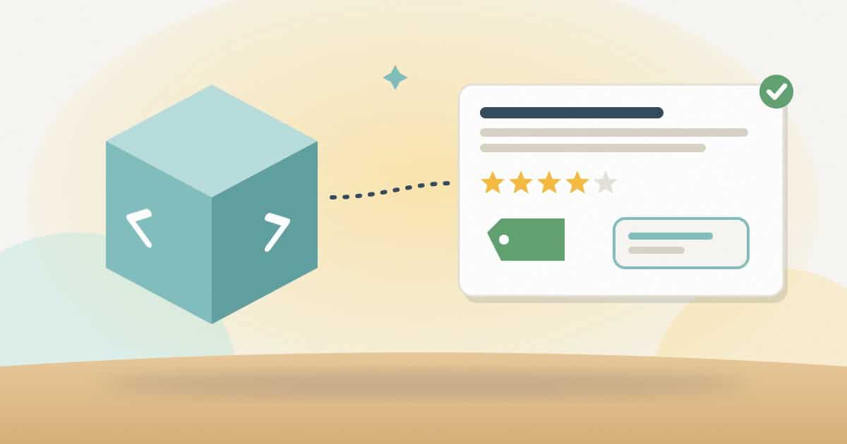 A software product box sending structured data to a search result card with star rating, price tag and review