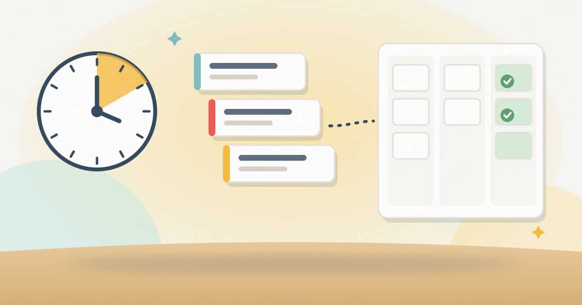An hourly clock beside colour-coded tickets moving onto a developer task board with completed cards