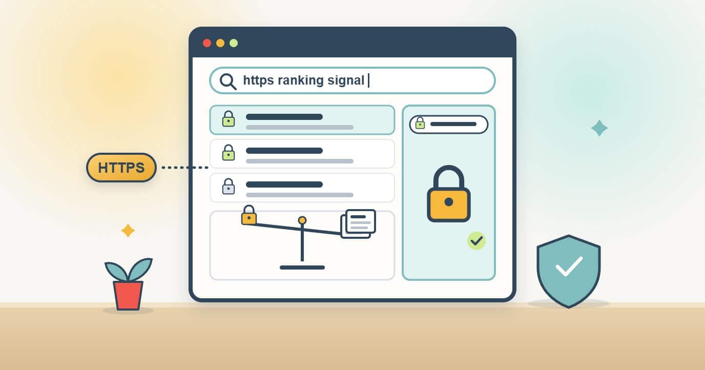 A browser search for HTTPS ranking signal shows results with padlocks, a balance where the padlock weighs less than the content pages, and a secure address bar with a large padlock, ticked, with a security shield on the desk.