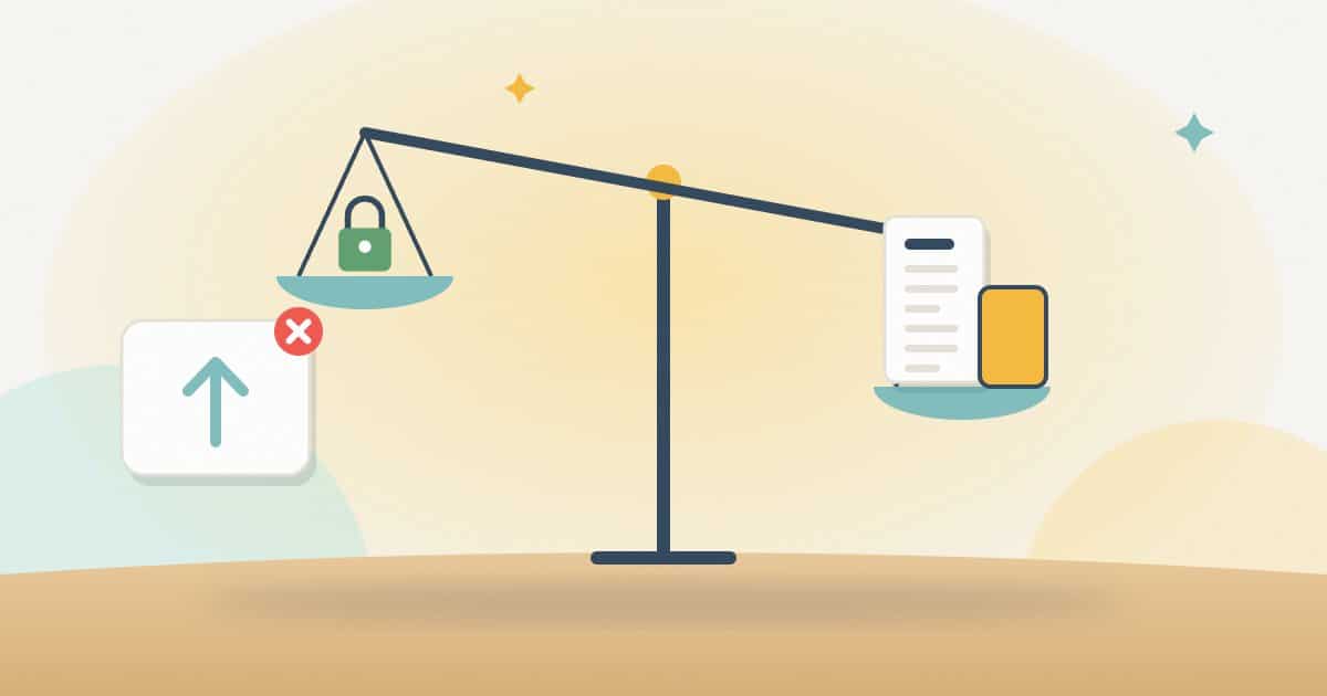 A balance scale where a small padlock weighs little against a heavy content page, beside a crossed-out ranking boost