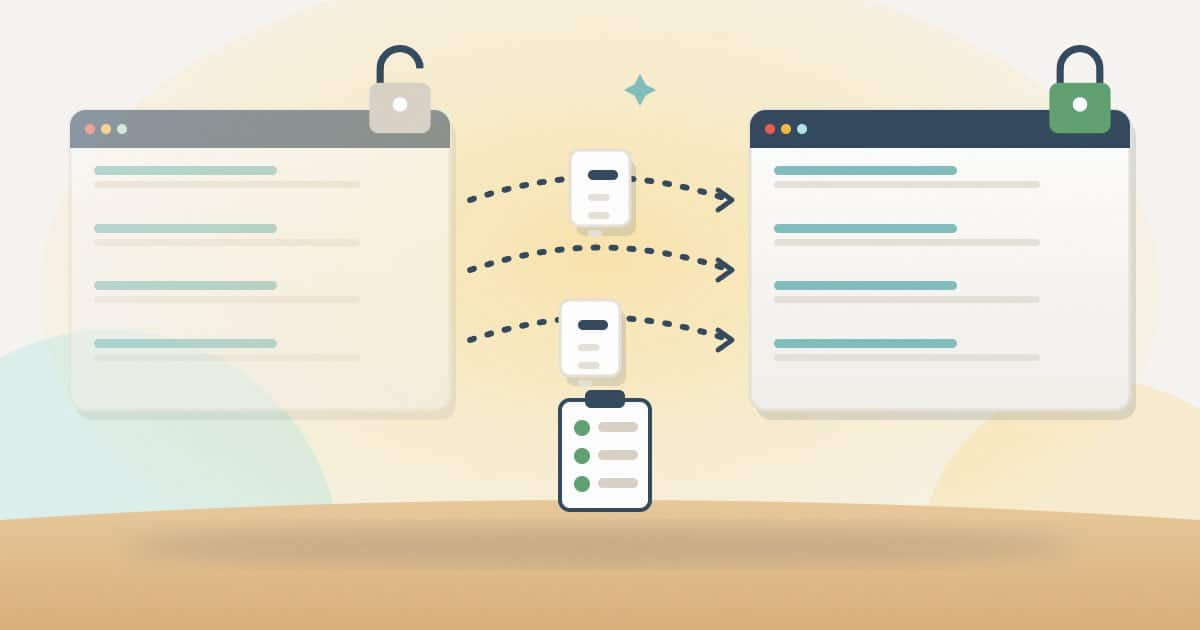 Pages moving on redirect arrows from a faded unlocked site to a new locked site, with a checklist below