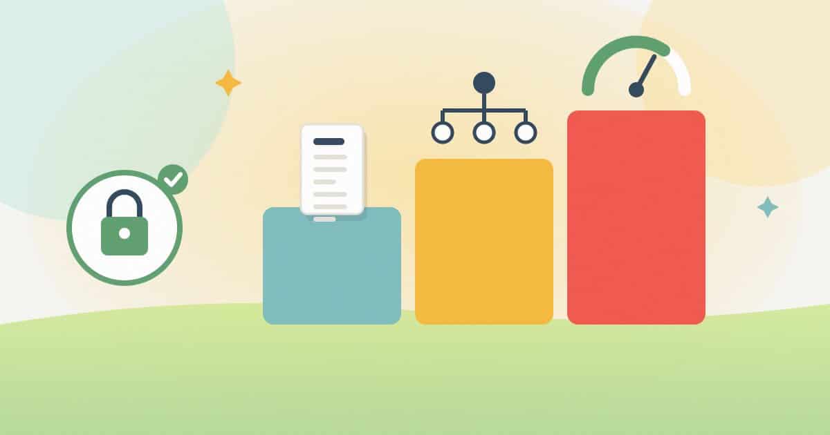 A ticked padlock badge set aside next to rising blocks for content, crawlable structure and page speed