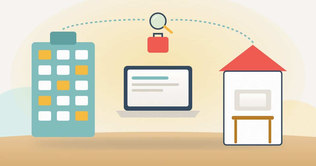 An office building, a laptop with a briefcase and a small company house, all linked to the same search magnifier