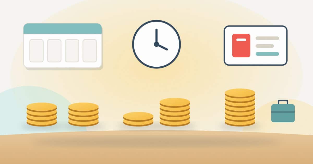 Equal coin stacks under a monthly calendar, uneven stacks under a clock, and a tall stack beside a staff badge and toolbox