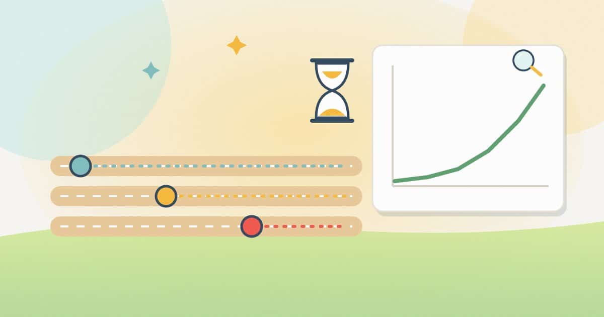Three lanes with markers starting at different points, all heading to the same slowly rising search growth chart beside an hourglass