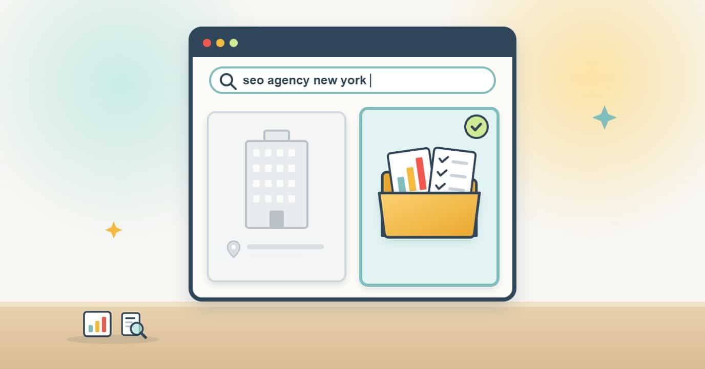 Illustration of a browser searching for seo agency new york, with a greyed-out result card showing an office building and a highlighted result card with a gold folder of charts and checks