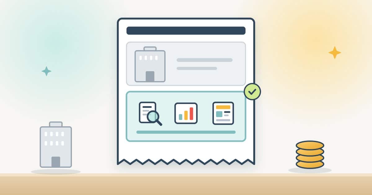An invoice split into two parts, a grey part with an office building and a highlighted part with an audit, a chart and a page of content