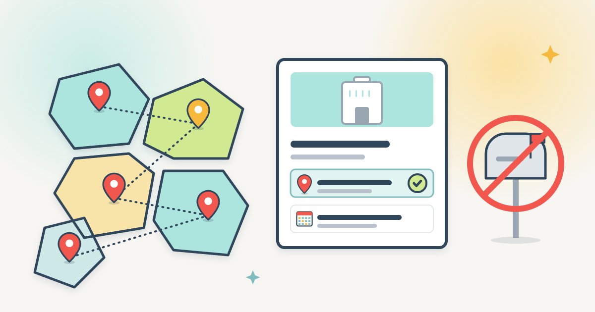 A map of five connected districts with pins, next to a business listing card whose address line is checked and a separate mailbox crossed out