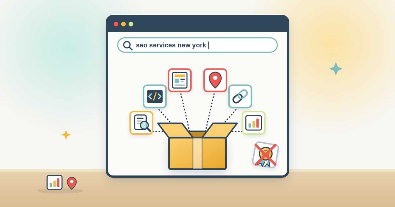 Illustration of a browser searching for seo services new york, with service icons rising out of an open package box and one crossed-out item set aside
