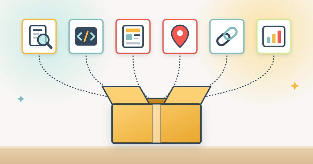 An open package box with six service icons rising out of it: an audit page, code, a page template, a map pin, a chain link and a chart