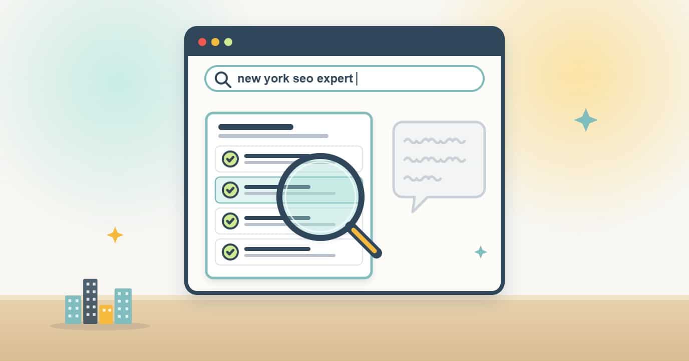 Illustration of a browser searching for new york seo expert, with a magnifying glass over a result card that shows a checklist and a greyed-out speech bubble beside it