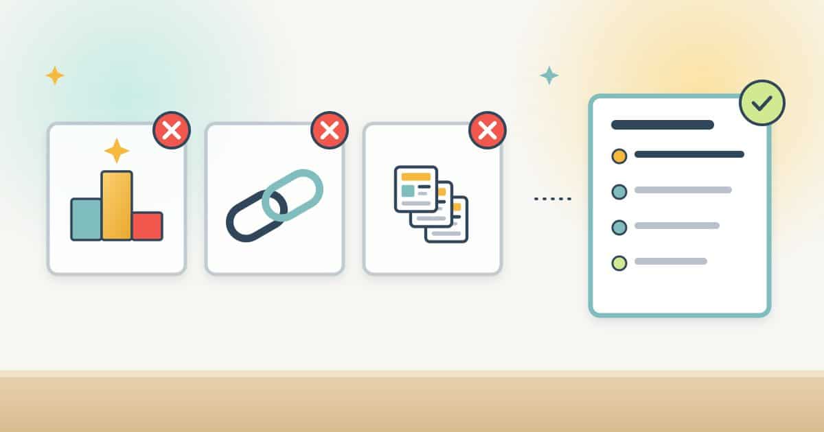 Three crossed-out items, a podium with a first place, a link chain and a stack of identical pages, next to a checked plan document
