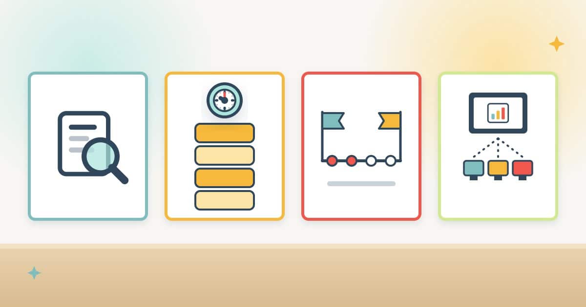 Four separate work packages on a desk: a single report, a stack of hour blocks, a project timeline with a start and end flag, and a small group of screens for training
