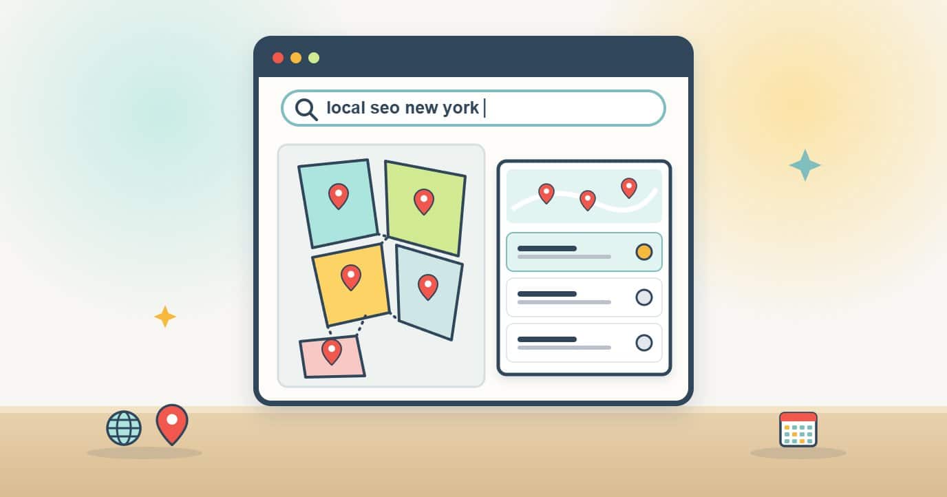 Illustration of a browser searching for local seo new york, with a map of five connected districts marked by pins and a map pack card with three result rows