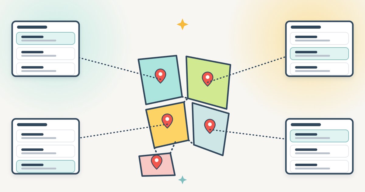 A map of five connected district shapes with a pin in each, linked by dotted lines to four separate result cards that each highlight a different row