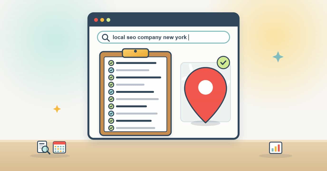 Illustration of a browser searching for local seo company new york, with a clipboard checklist of ten ticked rows next to a large map pin