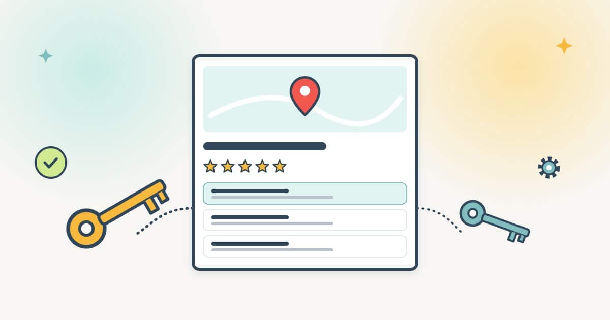 A business profile card with a large gold key on one side and a smaller teal key on the other