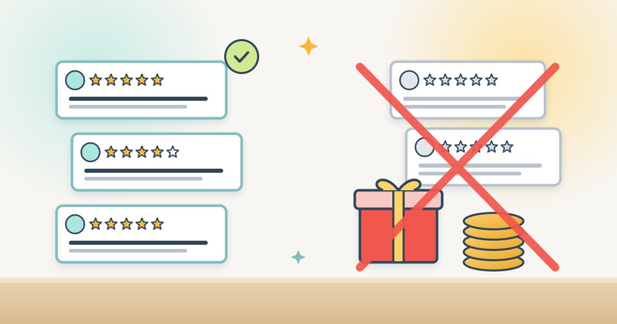 Three genuine review cards with plain stars on the left, and on the right a gift box and a stack of coins attached to review cards, crossed out in coral