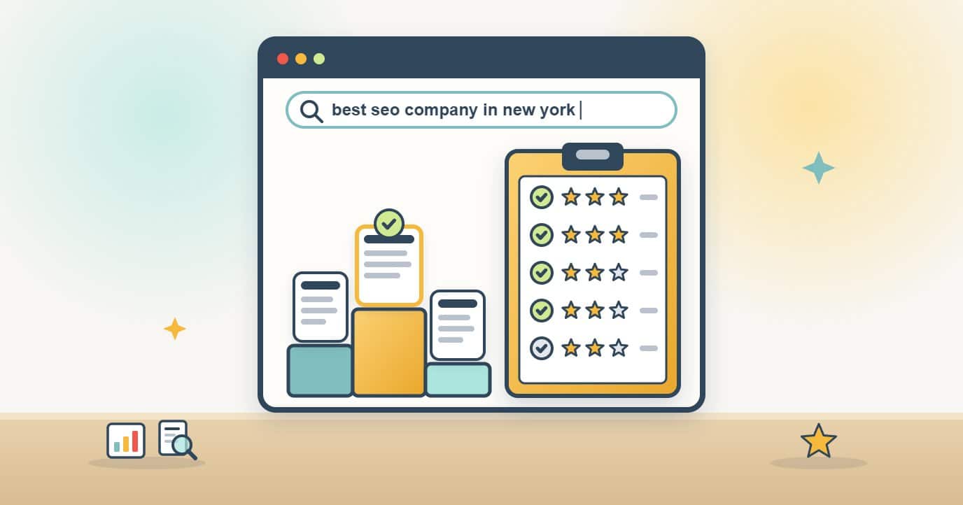 Illustration of a browser searching for best seo company in new york, with three result cards on a podium and a gold scorecard of checks and stars