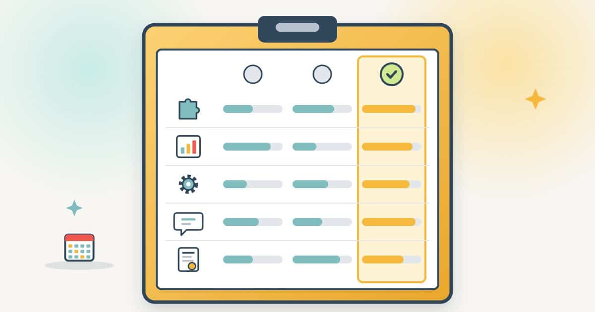A clipboard scorecard with five rows of icons for fit, proof, process, communication and terms, three columns of score bars, and one column highlighted gold with a check