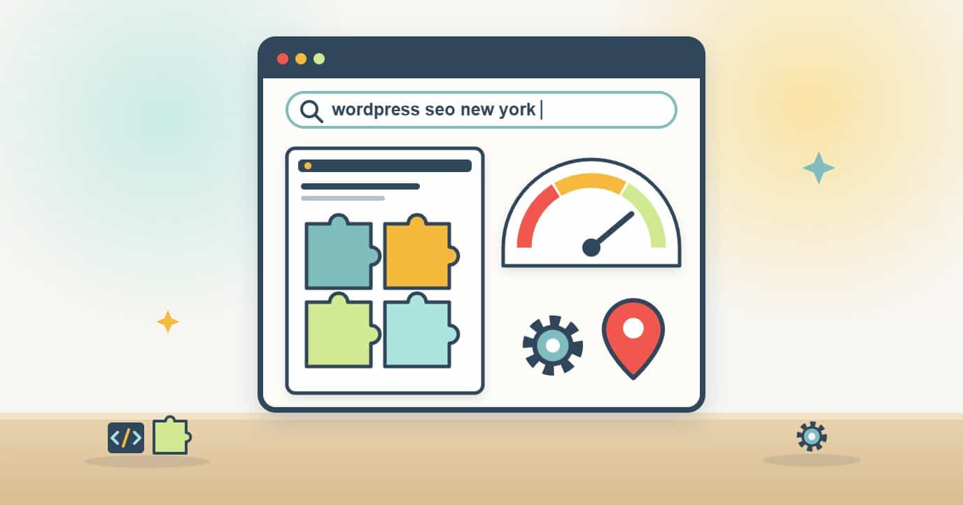 Illustration of a browser searching for wordpress seo new york, with a page built from puzzle-piece blocks, a gear, a speed gauge and a map pin
