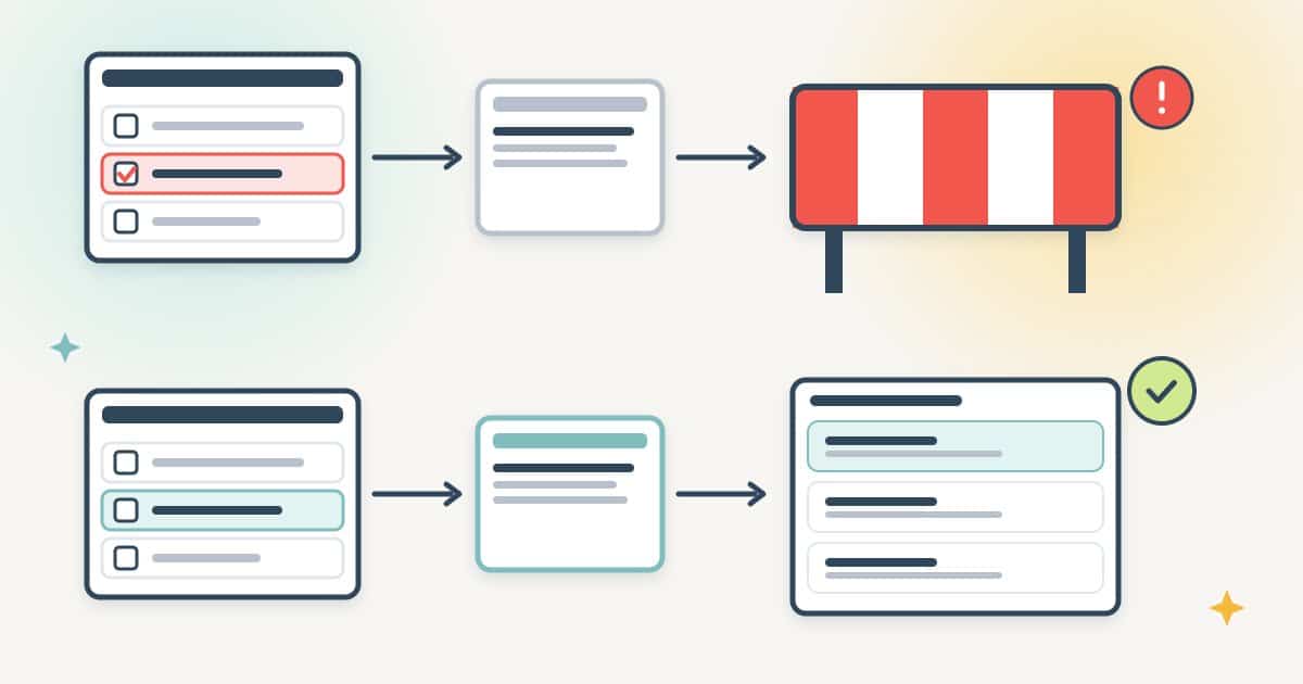 A settings panel with one ticked box sending a page to a coral barrier, and the same panel with the box empty sending the page through to a list of results with a lime check