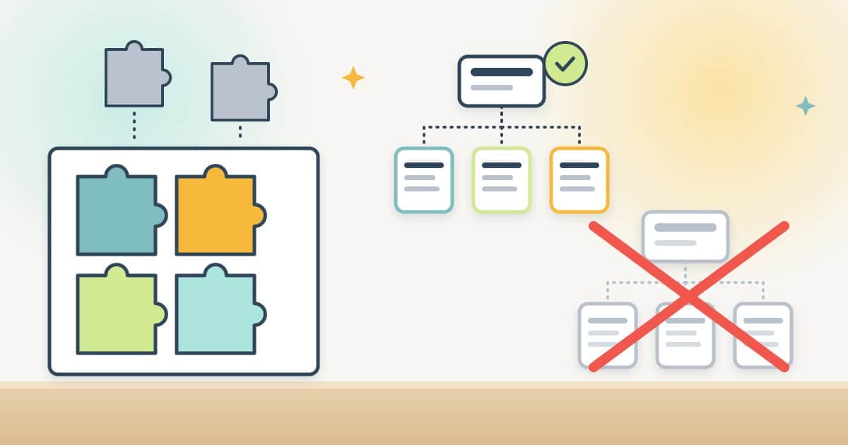 A cluster of puzzle-piece plugins with two grey pieces lifted out, next to one sitemap tree with a lime check and a second, greyed duplicate tree crossed out