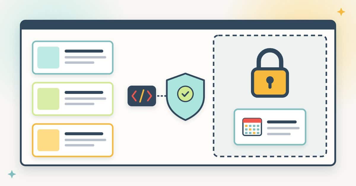 A medical website with public pages on one side and a padlocked patient area on the other, with a tracking tag stopped by a shield before the padlocked area