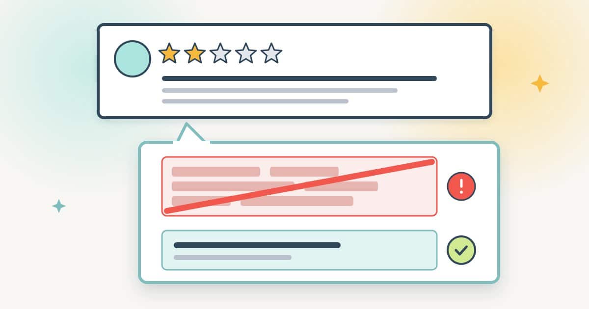 A star review card with a reply bubble below it, where a block of private details is crossed out and replaced by a short neutral line